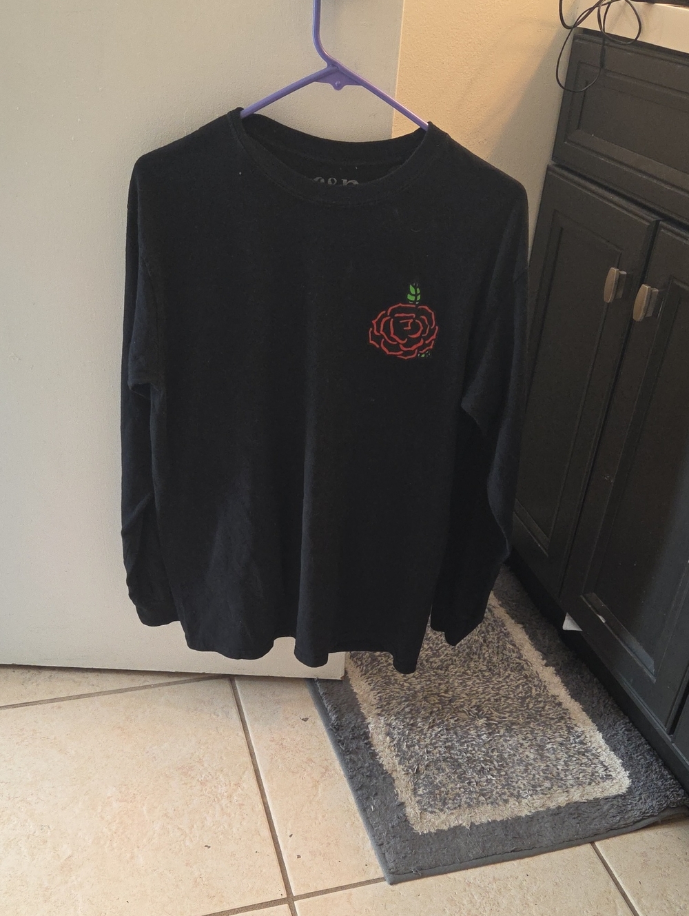 Black Kids Long-Sleeve Tee with Red Rose Embroidery
